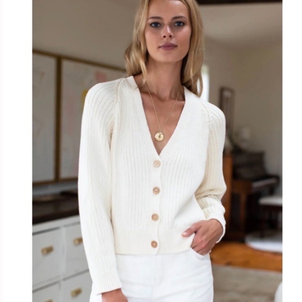 Emerson Fry 100% Organic Cotton Summer Cardigan Ivory Rib Knit Button Fronh